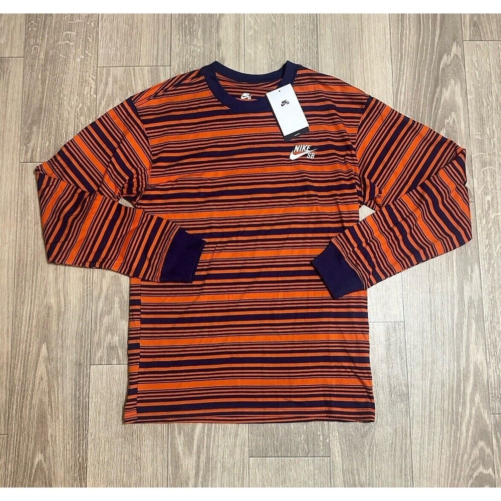 Nike SB Striped Long Sleeve Loose Fit Skate T Shirt Orange (FN4643-555) Sz XS